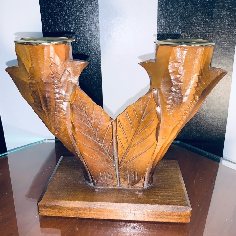 Vintage Mid-Century Carved Wooden Double Taper Candle Holder Rustic Country Farm